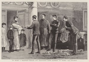 On Board a Troopship, Serving out gratuitous warm clothing to Women and Children by Joseph Nash